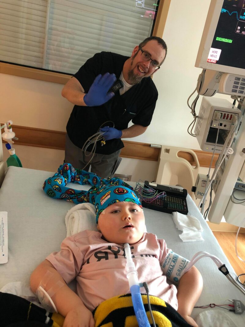 EEG Technologist with patient wearing a NillyNoggin EEG Cap