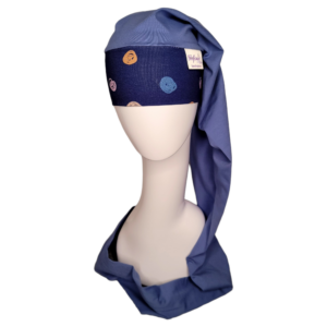 navy blue nillynoggin eeg cap with colorful scribbled dots on the headband