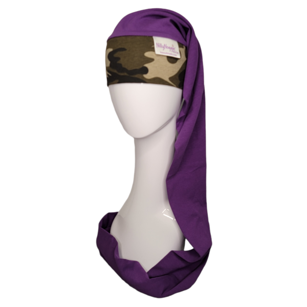 camo and purple nillynoggin eeg cap on a mannequin head